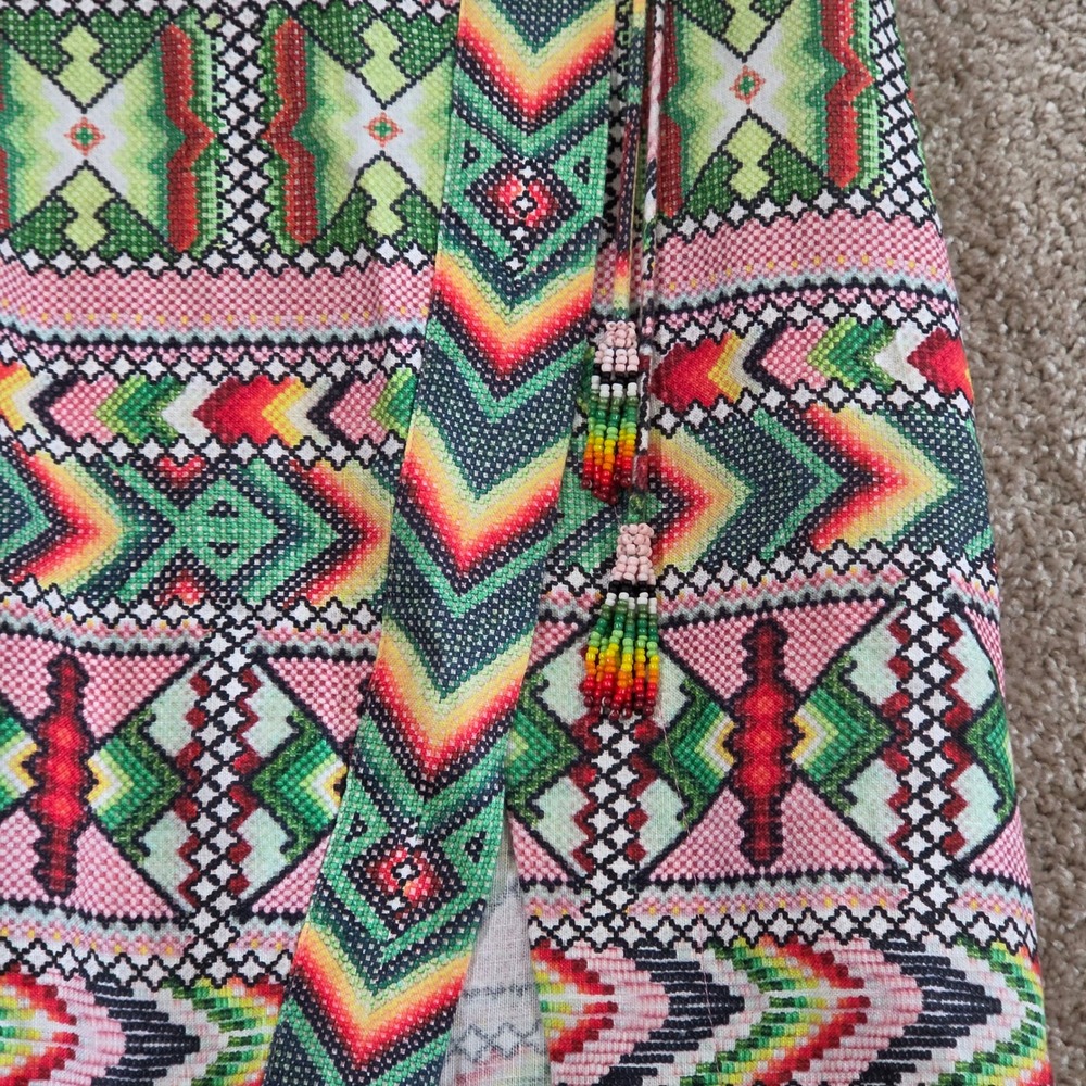 Farm Rio Wrap Skirt Geometric Tribal Print Beaded Tassel Linen Small - Picture 3 of 11